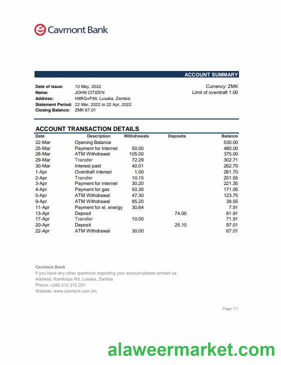 Zambia Cavmont bank statement, Excel and PDF template